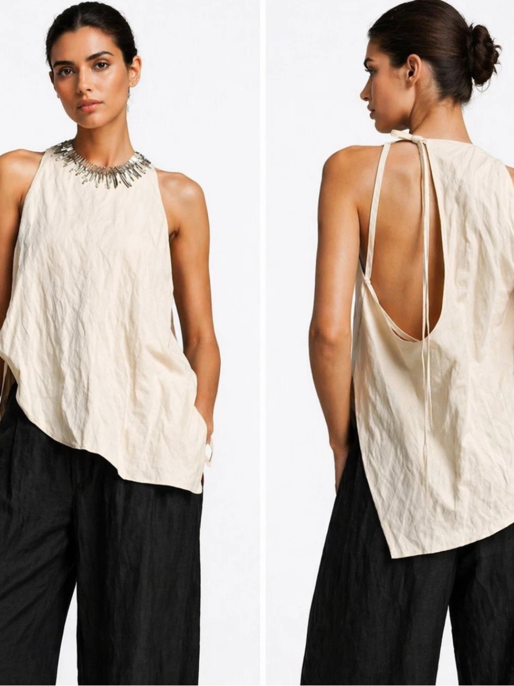 Zara Asymmetric Hem Tie Neck Sleeveless Top Ecru Size S NWT